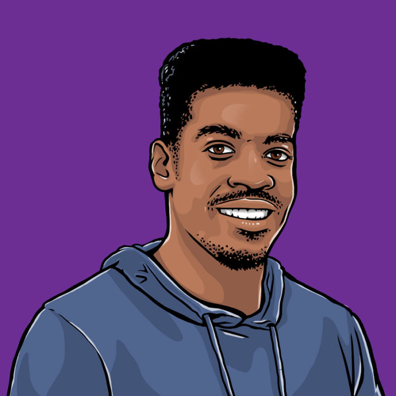 埃尔姆赫斯特大学学生威尔·莱尔斯的插画beplay体育飞翔下载，背景是明亮的紫色。