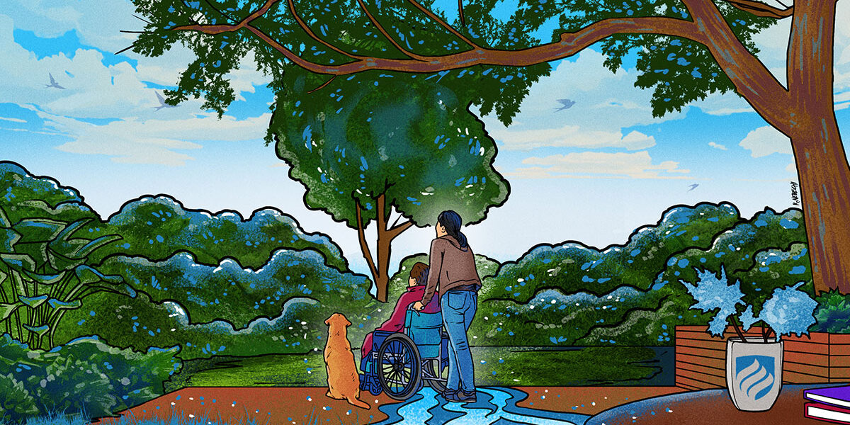 职业治疗师和坐在轮椅上的病人的插图。职业治疗专业的硕士学位可以为你在OT的职业生涯做准备。