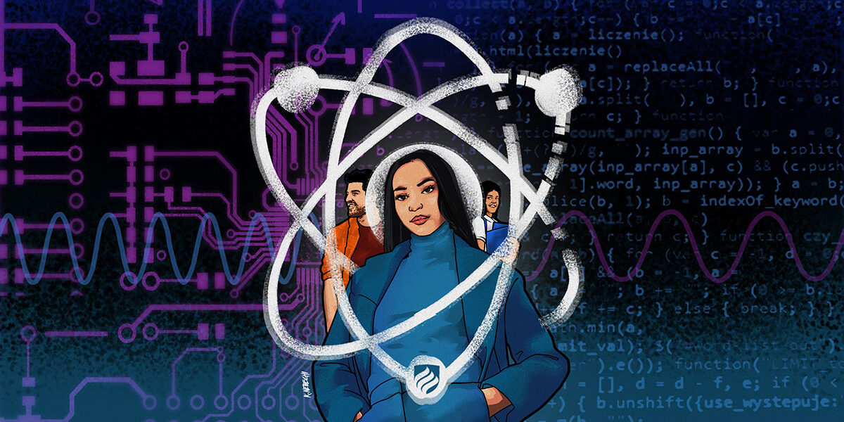 一个原子里有三个学生的插图代表了物理学和电气工程之间的联系。